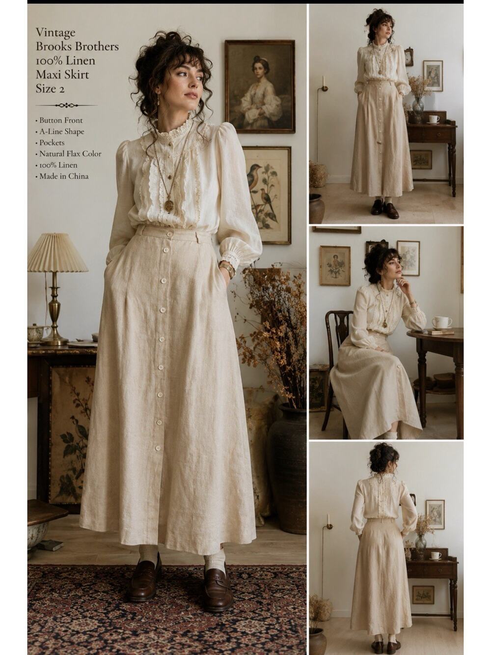 Brooks Brothers Natural Flax Linen Button-Front Maxi Skirt